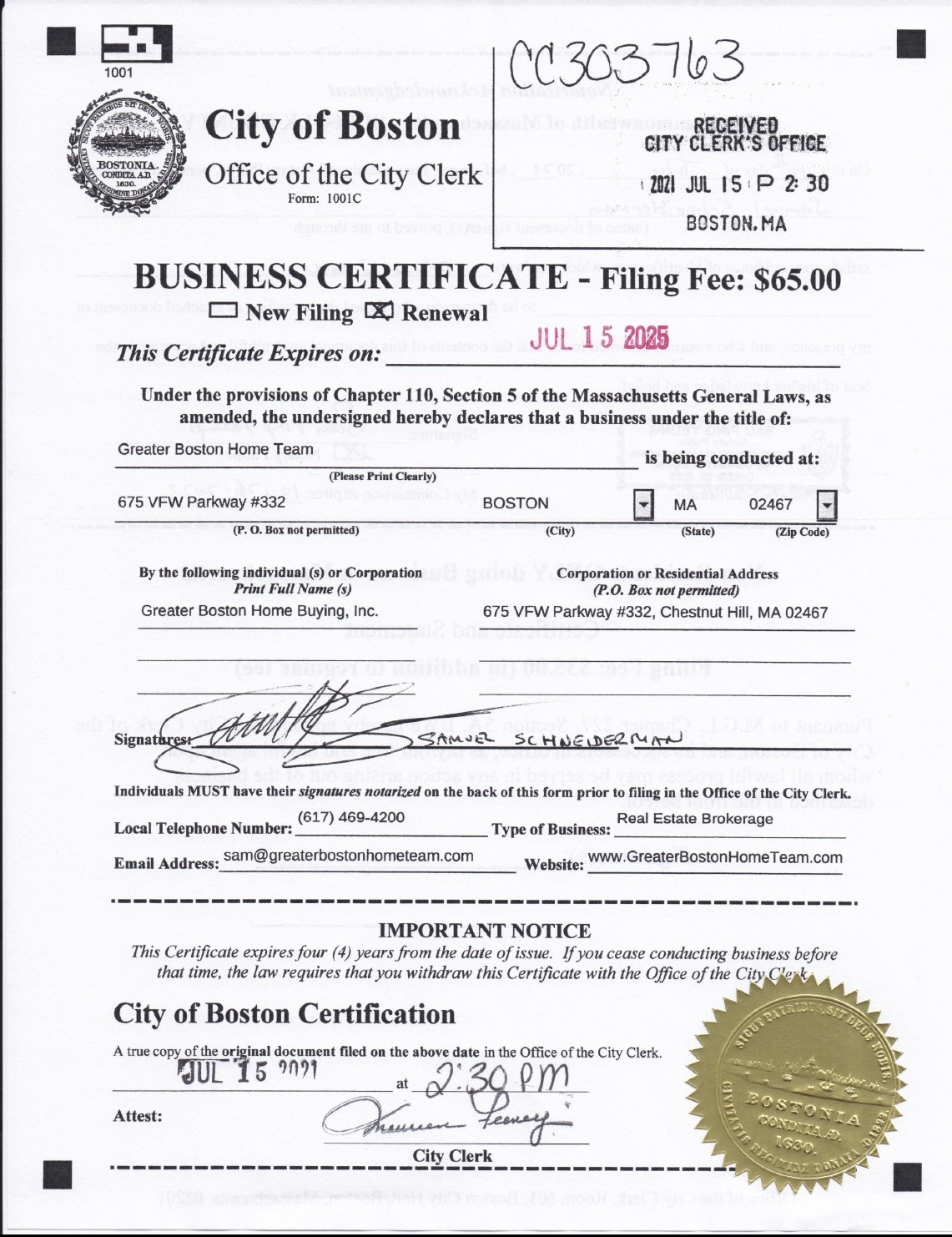 Greater Boston Home Team DBA Certificate