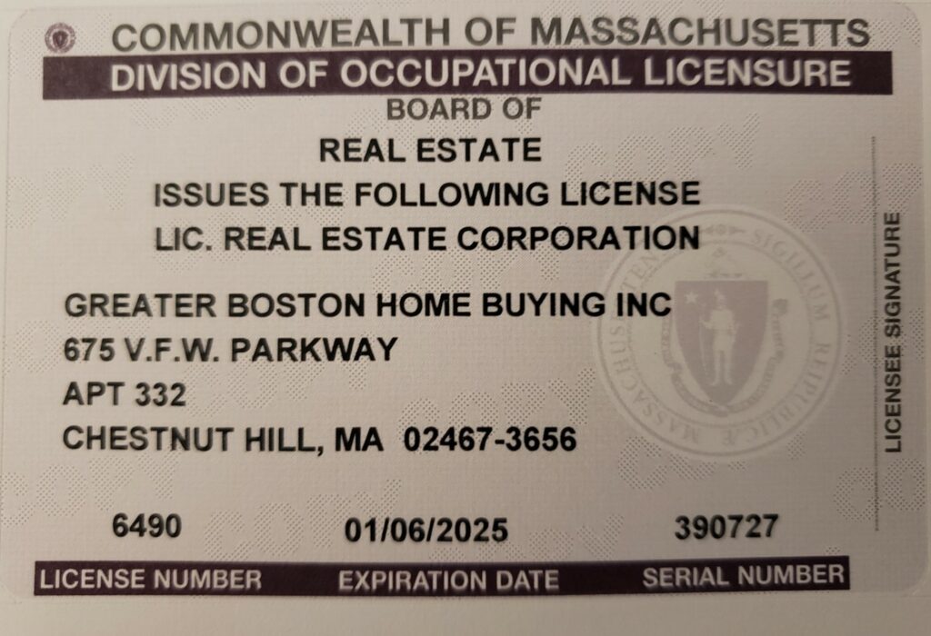 Greater Boston Home Buying, Inc License